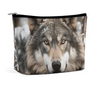 Lmage of Wolf in The Snow Trousse de maquillage portable en cuir PU avec pochette à fermeture éclair, trousse de toilette de voyage étanche pour homme et femme
