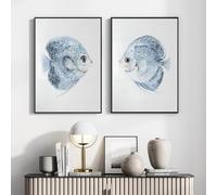 LMAIWANG Affiche murale style aquarelle bleue représentant un poisson discus, animal marin côtier (60 x 90 cm x 2 / sans cadre)