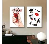 LMAIWANG Affiches et impressions murales sur toile représentant un rouge lèvres vernis ongles e fille cosmétiques salon beauté images nordiques pour décor intérieure (60 x 80 cm x 2, cadre intérieur)