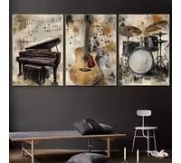 LMAIWANG Ensemble de 3 toiles décoratives vintage représentant des instruments de musique : piano, guitare et batterie rétro, style journal, pour chambre ou maison (40 x 60 cm x 3/sans cadre)