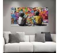 LMAIWANG Impression sur toile d'art graffiti abstrait moderne représentant deux garçons dessinant, affiche, peinture sur toile, tableau décoratif pour salon (50x100cm/sans cadre)