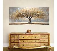 LMAIWANG Impression sur toile représentant un arbre de vie élégant avec des feuilles dorées, paysage d'automne en doré et beige (60 x 90 cm/cadre intérieur)