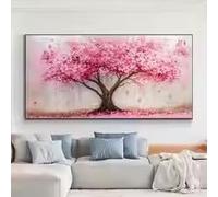 LMAIWANG Magnifique tableau sur toile représentant un cerisier en fleurs, avec des fleurs roses et des paysages, idéal pour la décoration du salon (70 x 140 cm/cadre intérieur).