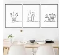 LMAIWANG Tableau abstrait au trait représentant un verre à café et à vin avec des couverts, sur toile, style nordique, pour la décoration de la cuisine ou de la chambre (80 x 120 cm x 3 / sans cadre)