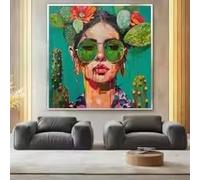 LMAIWANG Tableau abstrait sur toile représentant une femme, avec des fleurs et des cactus, style moderne, idéal pour la décoration de votre chambre, salon ou maison (50x50cm/sans cadre)