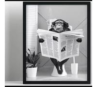 LMAIWANG Tableau encadré Biufo Monkey on Toilet, impression sur toile, affiche décorative amusante représentant un singe sur les toilettes, pour chambre ou salle de bain (70 x 100 cm/cadre intérieur)