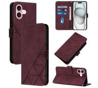 LMFULM® Étui pour Apple iPhone 16 (6,1 Pouces) PU Magnétique Cuir Pochette Triangle Impression Support Protection Housse Rabattable Vin Rouge