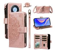 LMFULM® Étui pour Huawei Nova Y90 (CTR-LX1/LX2/LX3) (6,7 Pouces) PU Cuir Coque Lanière Fente Carte Fermeture Eclair Portefeuille Mandala Impression Sac à Bandoulière Support Housse Or Rose