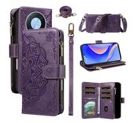 LMFULM® Étui pour Huawei Nova Y90 (CTR-LX1/LX2/LX3) (6,7 Pouces) PU Cuir Coque Lanière Fente Carte Fermeture Eclair Portefeuille Mandala Impression Sac à Bandoulière Support Housse Pourpre