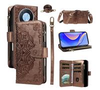 LMFULM® Étui pour Huawei Nova Y90 (CTR-LX1/LX2/LX3) (6,7 Pouces) PU Cuir Coque Lanière Fente Carte Fermeture Eclair Portefeuille Mandala Impression Sac à Bandoulière Support Housse Marron