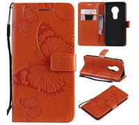 LMFULM® Étui pour Motorola Moto G7 Play (5,7 Pouces) PU Cuir Couverture Magnétique Housse Conception en Relief de Papillon Stent Fonction Flip Cuir pour Moto G7 Play Orange