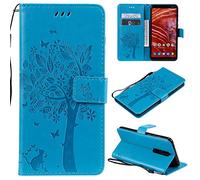 LMFULM® Étui pour Nokia 3.1 Plus (6,0 Pouces) PU Cuir Couverture Magnétique Housse Motif de Chat et d'arbre Stent Fonction Coque Flip Étui pour Nokia 3.1 + Bleu