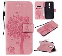 LMFULM® Étui pour Nokia 4.2 (5,71 Pouces) PU Cuir Couverture Magnétique Housse Motif de Chat et d'arbre Stent Fonction Coque Flip Étui pour Nokia 4.2 Rose Carmin