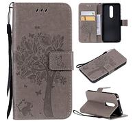 LMFULM® Étui pour Nokia 7.1 (5,84 Pouces) PU Cuir Couverture Magnétique Housse Motif de Chat et d'arbre Stent Fonction Coque Flip Étui pour Nokia 7.1 Gris