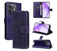 LMFULM® Étui pour Oppo A3 / A3x / A40 / A40M / A5i / A5X / A60 (6,67 Pouces) PU Cuir Couverture Portefeuille Coque Motif de Chat et d'arbre Gaufrage Support Protection Housse Pourpre