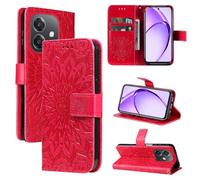LMFULM® Étui pour Oppo A3 / A3x / A40 / A40M / A5X / A60 (6,67 Pouces) PU Cuir Couverture Portefeuille Coque Relief de Tournesol Motif Support Fonction Protection Housse Rouge