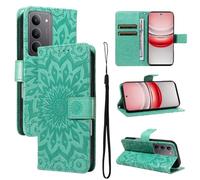 LMFULM® Étui pour Realme C71/ C73 4G RMX5303 (6,74 Pouces) PU Cuir Couverture Portefeuille Coque Relief de Tournesol Motif Support Fonction Protection Housse Vert