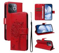 LMFULM® Étui pour Realme Note 70/ Note 70T/ Narzo 80 Lite RMX5313 (6,74 Pouces) PU Cuir Couverture Portefeuille Coque Motif de Chat et d'arbre Gaufrage Support Protection Housse Rouge
