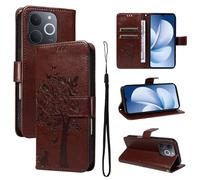 LMFULM® Étui pour Realme Note 70/ Note 70T/ Narzo 80 Lite RMX5313 (6,74 Pouces) PU Cuir Couverture Portefeuille Coque Motif de Chat et d'arbre Gaufrage Support Protection Housse Marron