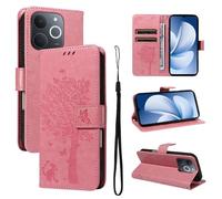 LMFULM® Étui pour Realme Note 70/ Note 70T/ Narzo 80 Lite RMX5313 (6,74 Pouces) PU Cuir Couverture Portefeuille Coque Motif de Chat et d'arbre Gaufrage Support Protection Housse Rose Rouge