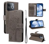 LMFULM® Étui pour Realme Note 70/ Note 70T/ Narzo 80 Lite RMX5313 (6,74 Pouces) PU Cuir Couverture Portefeuille Coque Motif de Chat et d'arbre Gaufrage Support Protection Housse Gris