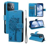 LMFULM® Étui pour Realme Note 70/ Note 70T/ Narzo 80 Lite RMX5313 (6,74 Pouces) PU Cuir Couverture Portefeuille Coque Motif de Chat et d'arbre Gaufrage Support Protection Housse Bleu