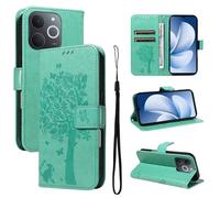 LMFULM® Étui pour Realme Note 70/ Note 70T/ Narzo 80 Lite RMX5313 (6,74 Pouces) PU Cuir Couverture Portefeuille Coque Motif de Chat et d'arbre Gaufrage Support Protection Housse Vert