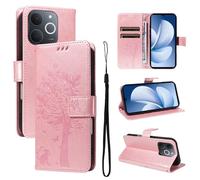 LMFULM® Étui pour Realme Note 70/ Note 70T/ Narzo 80 Lite RMX5313 (6,74 Pouces) PU Cuir Couverture Portefeuille Coque Motif de Chat et d'arbre Gaufrage Support Protection Housse Or Rose