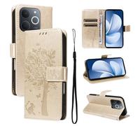 LMFULM® Étui pour Realme Note 70/ Note 70T/ Narzo 80 Lite RMX5313 (6,74 Pouces) PU Cuir Couverture Portefeuille Coque Motif de Chat et d'arbre Gaufrage Support Protection Housse Or