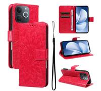 LMFULM® Étui pour Realme Note 70T RMX5313 (6,74 Pouces) PU Cuir Couverture Portefeuille Coque Relief de Tournesol Motif Support Fonction Protection Housse Rouge
