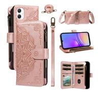 LMFULM® Étui pour Samsung Galaxy A06/A07 / SM-A065/A075 (6,7 Pouces) PU Cuir Coque Lanière Fente Carte Fermeture Eclair Portefeuille Mandala Impression Sac à Bandoulière Support Housse Or Rose
