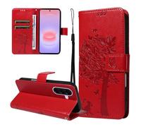 LMFULM® Étui pour Samsung Galaxy A27 / SM-A276 (6,7 Pouces) PU Cuir Couverture Portefeuille Coque Motif de Chat et d'arbre Gaufrage Support Protection Housse Rouge
