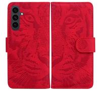 LMFULM® Étui pour Samsung Galaxy S25 FE/SM-S731 (6,7 Pouces) PU Magnétique Pochette Cuir Housse Tigre Impression Rabattable Case Stent Fonction Cover Rouge