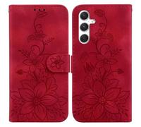 LMFULM® Étui pour Samsung Galaxy S25 / SM-S931 (6,2 Pouces) PU Magnétique Pochette Cuir Housse Lotus Impression Rabattable Case Stent Fonction Cover Rouge