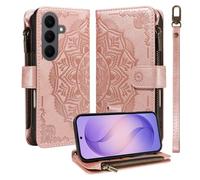 LMFULM® Étui pour Samsung Galaxy S26+ / SM-S947 (6,7 Pouces) PU Cuir Coque Lanière Fente Carte Fermeture Eclair Portefeuille Mandala Impression Sac à Bandoulière Support Housse Or Rose