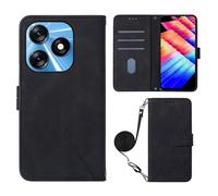 LMFULM® Étui pour Tecno Spark 10 4G K15q (6,6 Pouces) PU Magnétique Pochette Cuir Housse Triangle Impression Sac à Bandoulière Portefeuille Support Case Noir