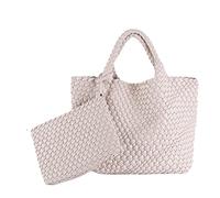 LMKIDS Woven Tote Bag, Women Macaron Soft Leather Weave Handbag Purse Wrist Bag Large Capacity Work Shopping Travel Daily (Beige)