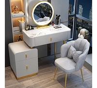 LMMIAOZ Ensemble Coiffeuse avec Miroir LED et Tabouret - Bureau de Maquillage élégant avec tiroirs pour Chambre à Coucher, Coiffeuse pour Femme, Gris et Or, 80 cm