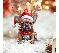 LMMIXEE Bouledogue français Décorations de sapin de Noël Père Noël avec bois de cerf - Décorations de Noël plates 2D personnalisées 2024 - Cadeau de Noël en acrylique pour famille, ami, mariage
