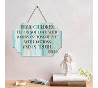 LMMIXEE Panneau en bois « Dear Children Let Us Not Love with Words » avec verset de la Bible - Décoration murale rustique - Citation chrétienne pour chambre à coucher, salon, pendaison de crémaillère