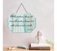 LMMIXEE Plaque en bois rustique avec verset de la Bible « Dear Children » « Let Us Not Love with Words » - Décoration murale amusante pour la maison, la grotte, la porte, le jardin, les bars, les