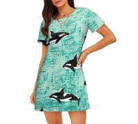 LMNvbz Chemise de nuit en coton doux imprimé océan Pacifique pour femme, manches courtes, col rond, pour l'été, Noir , XL