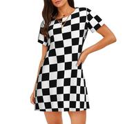 LMNvbz Chemise de nuit noire et blanche à rayures à carreaux doux pour femme, manches courtes, col rond, pour vêtements de détente et vêtements de nuit d'été, Noir , L