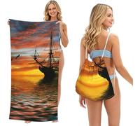 LMNvbz Sac de serviette de plage pliable 2 en 1 avec motif de bateau de croisière dans l'océan et coucher de soleil - Sac à dos en microfibre à séchage rapide pour camping, voyage, vacances, croisière