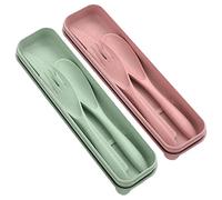 LMOGWL 2pcs Set de vaisselle de voyage portable en plastique, ensemble réutilisable de vaisselle de camping avec boîte, idéal pour l'extérieur du Bureau ou l'utilisation quotidienne (vert/Rose)