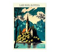 Lmovutcom Affiche Murale Lac Bled, Slovénie, Illustration de Voyage, Tableau Alfonso Trufa, Dessin Croquis de Lieu Touristique sur Toile, Décoration Murale pour Salon et Chambre, Non Encadrée