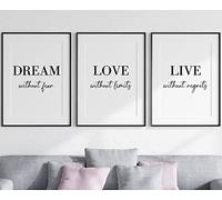 Lmovutcom Ensemble de 3 affiches sans cadre « Rêver, aimer, vivre », « Rêver sans peur », « Aimer sans limites », « Vivre sans regrets », Décoration murale pour la maison