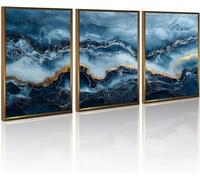 Lmovutcom Ensemble de 3 tableaux abstraits effet marbre, bleu marine et or, sans cadre, pour salon, chambre, salle de bain et couloir, esthétique bleue moderne