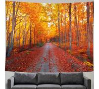 Lmovutcom Forêt d'érable rouge feuilles d'érable dorées route grande tapisserie murale, tapisserie de fond en tissu, décoration murale, tissu suspendu de décoration d'art