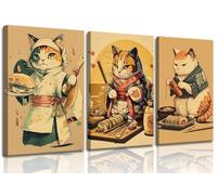 Lmovutcom Set de 3 Tableaux Chat Japonais sur Toile, Image Vintage Drôle Déco Cuisine Tokyo, Art Culinaire Tendance Chats Affamés Sushi, Affiches Rétro Anime pour Salle à Manger sans Cadre